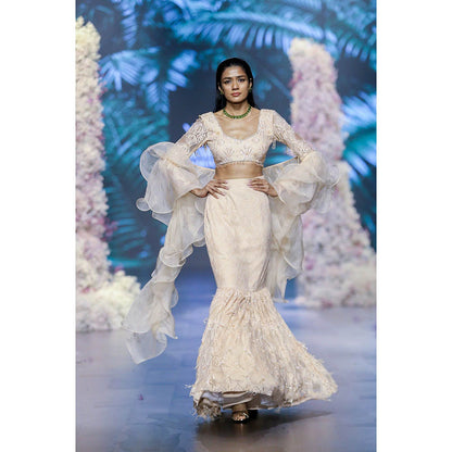 Nirmooha Peach Fuzz Chantilly Embroidered Blouse With Flared Skirt & Ruffle Dupatta (Set of 3)