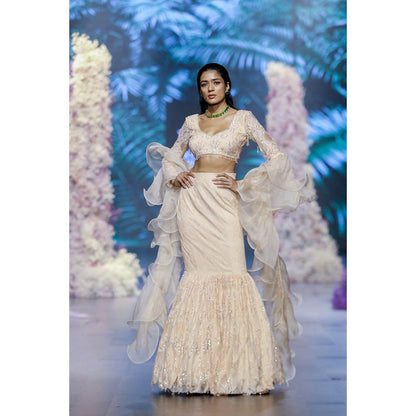 Nirmooha Peach Fuzz Chantilly Embroidered Blouse With Flared Skirt & Ruffle Dupatta (Set of 3)