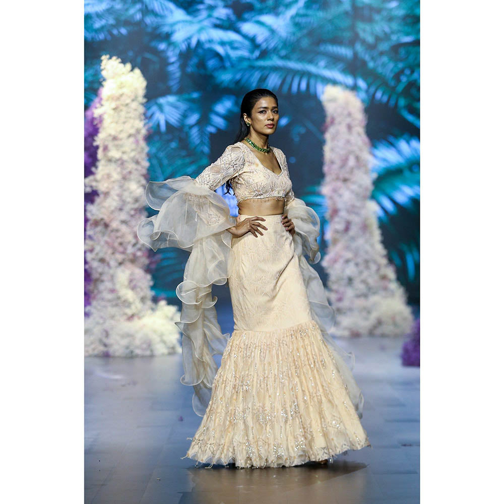 Nirmooha Peach Fuzz Chantilly Embroidered Blouse With Flared Skirt & Ruffle Dupatta (Set of 3)