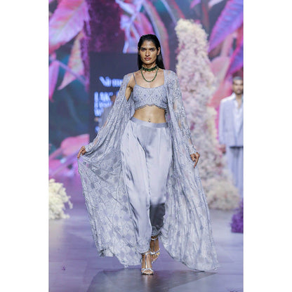 Nirmooha Glass Grey Embroidered Blouse With Modal Satin Pants & Shrug (Set of 3)