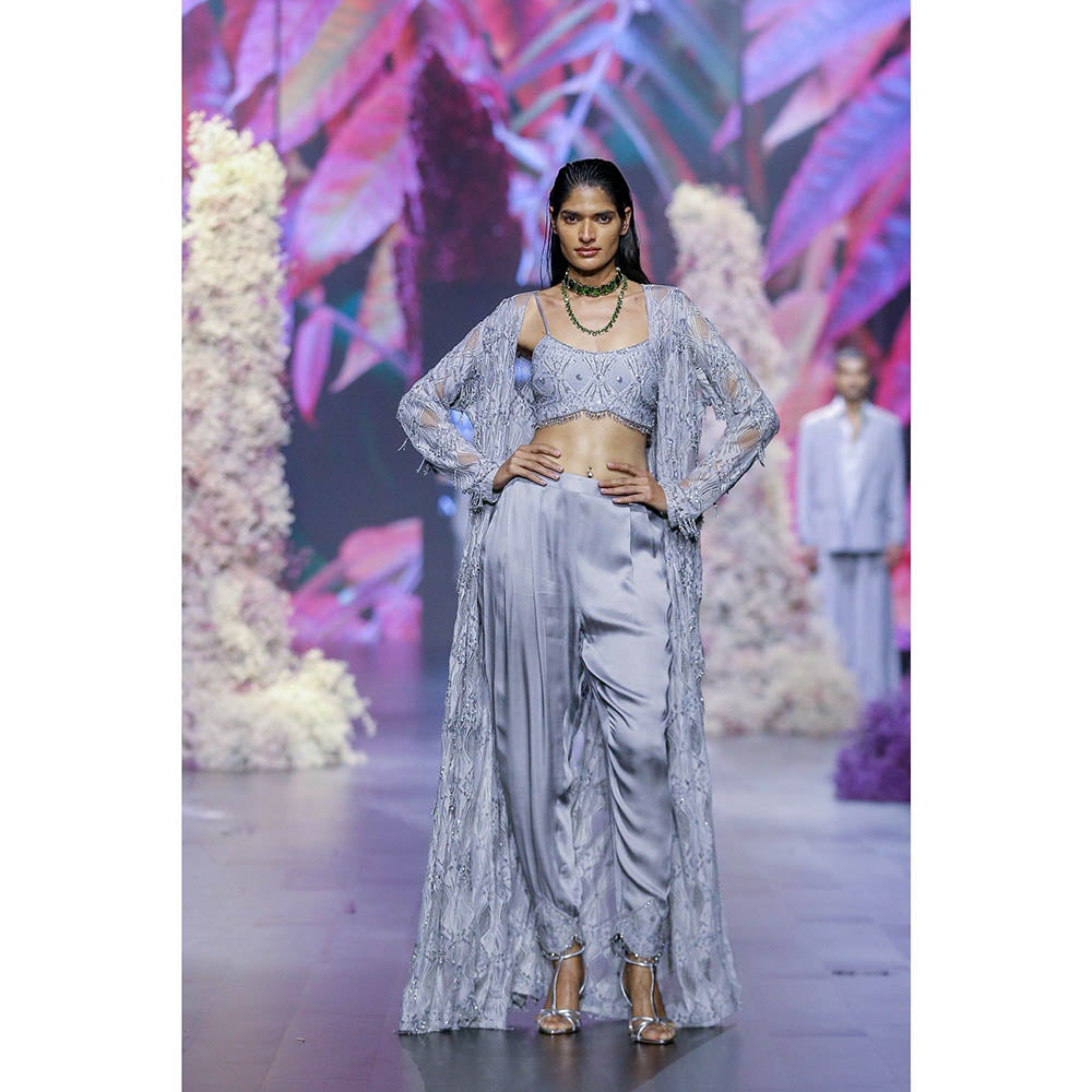 Nirmooha Glass Grey Embroidered Blouse With Modal Satin Pants & Shrug (Set of 3)