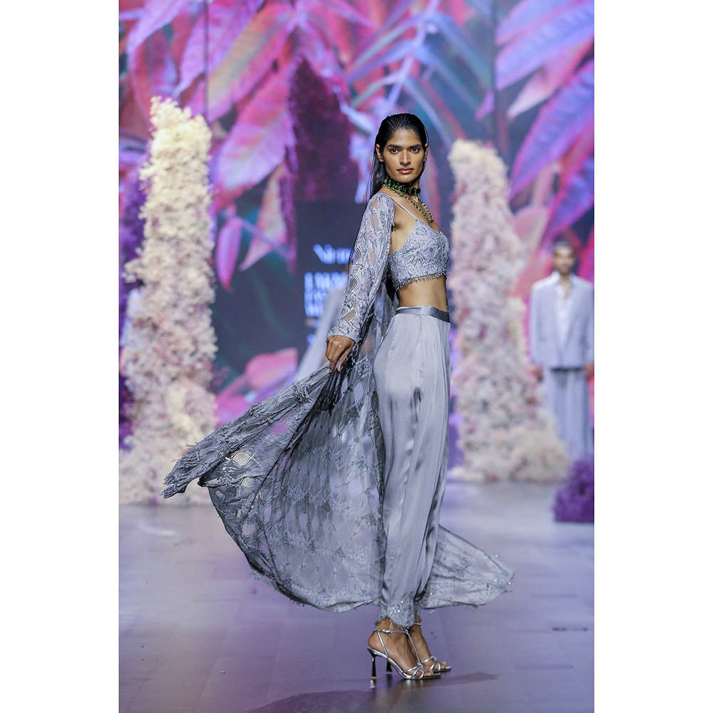 Nirmooha Glass Grey Embroidered Blouse With Modal Satin Pants & Shrug (Set of 3)