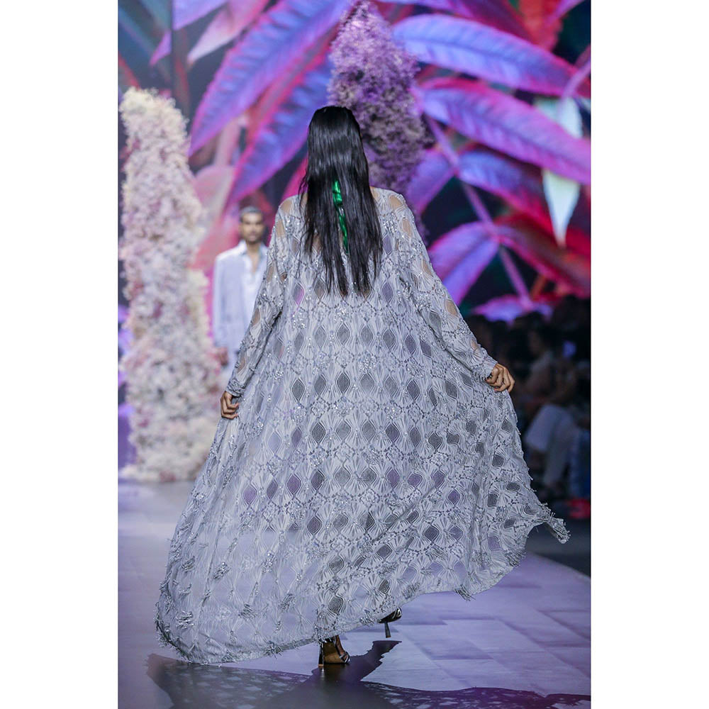 Nirmooha Glass Grey Embroidered Blouse With Modal Satin Pants & Shrug (Set of 3)