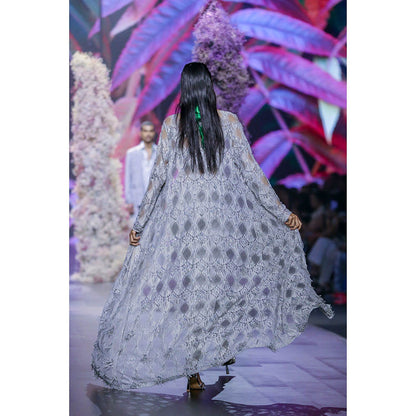 Nirmooha Glass Grey Embroidered Blouse With Modal Satin Pants & Shrug (Set of 3)