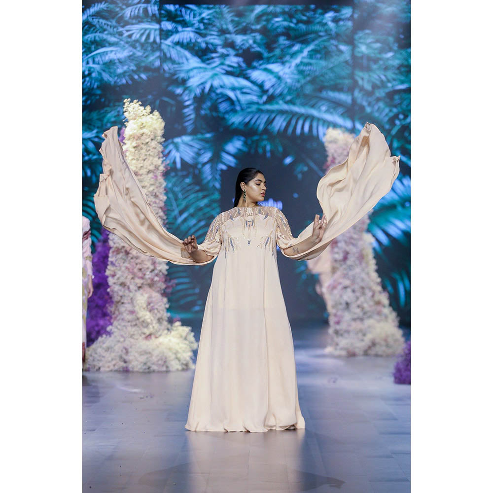 Nirmooha Peach Fuzz Maxi Dress With Yolk Embroidered