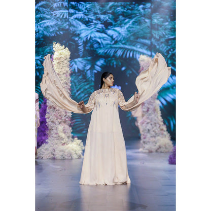 Nirmooha Peach Fuzz Maxi Dress With Yolk Embroidered