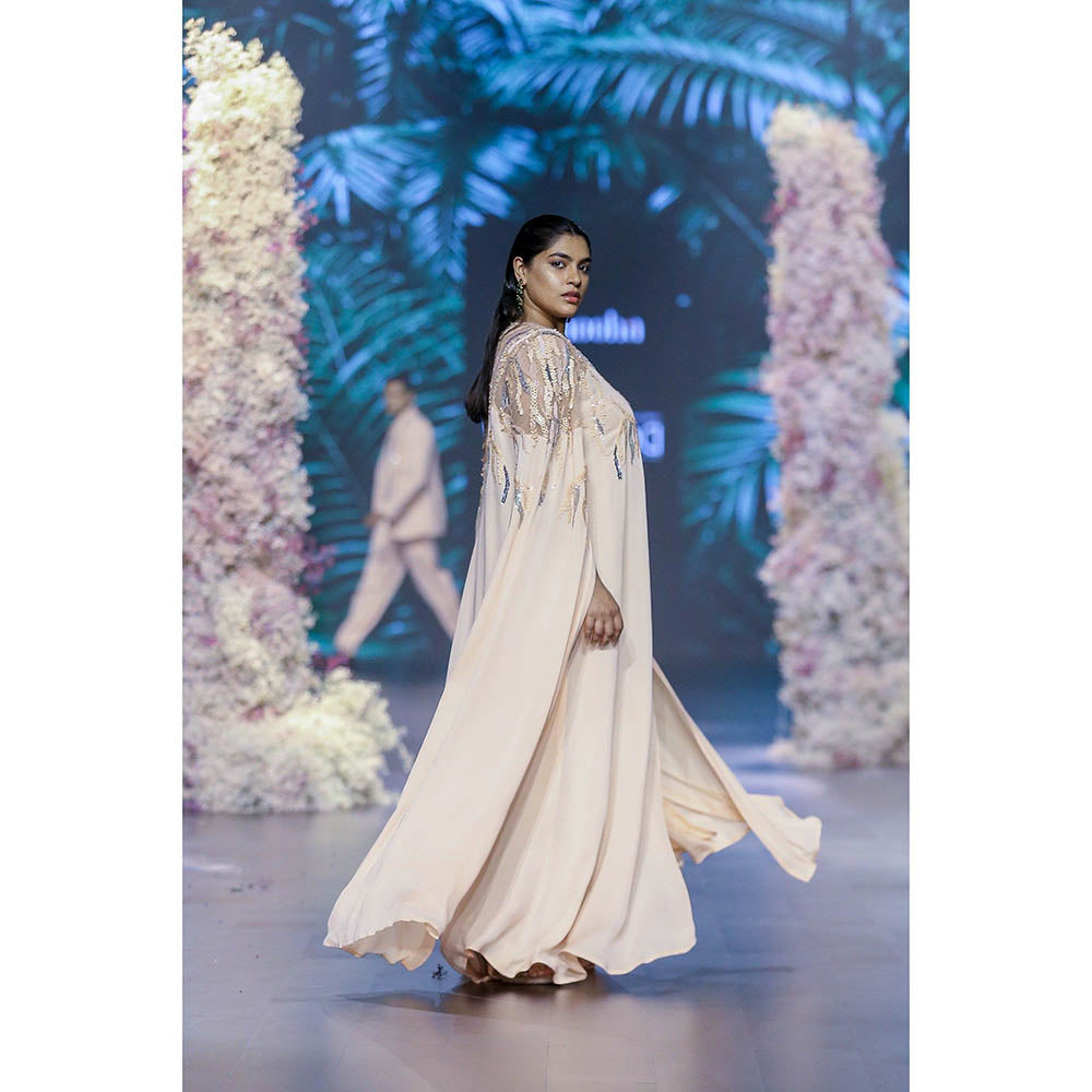 Nirmooha Peach Fuzz Maxi Dress With Yolk Embroidered