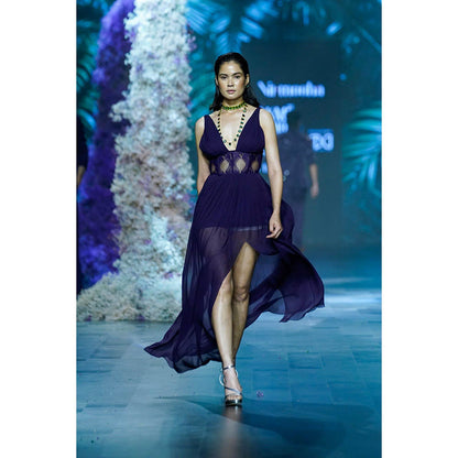 Nirmooha Deep Blue Chantilley Lace Corset Detail Gown with Slit