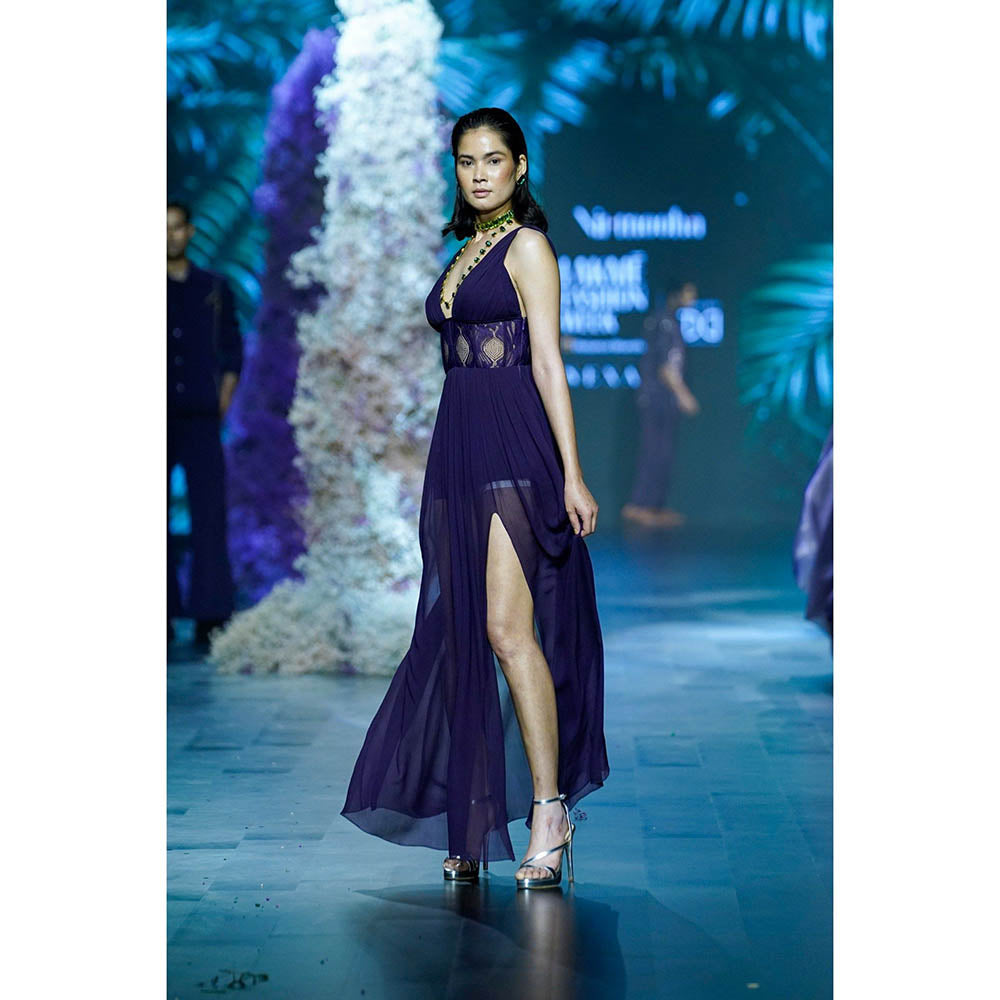 Nirmooha Deep Blue Chantilley Lace Corset Detail Gown with Slit