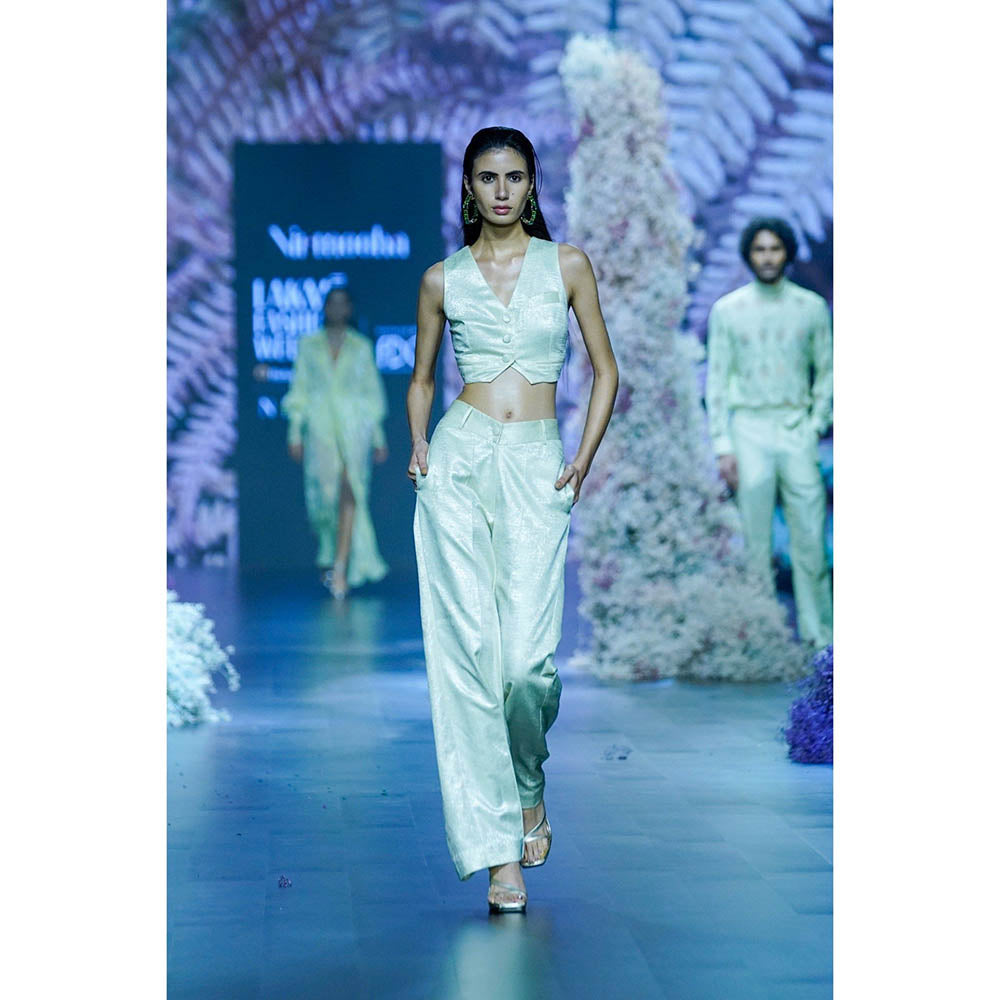 Nirmooha Cool Matcha Shimmer Crop Vest Coat with High Waist Straight Fit Pant (Set of 2)