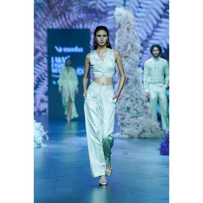 Nirmooha Cool Matcha Shimmer Crop Vest Coat with High Waist Straight Fit Pant (Set of 2)