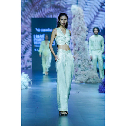 Nirmooha Cool Matcha Shimmer Crop Vest Coat with High Waist Straight Fit Pant (Set of 2)