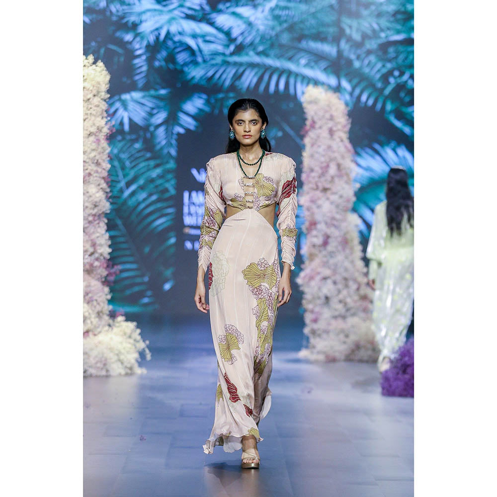 Nirmooha Peach Fuzz Floral Chain Detail Plunging Neck Maxi Dress