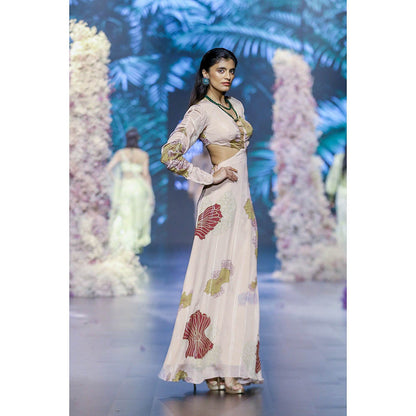 Nirmooha Peach Fuzz Floral Chain Detail Plunging Neck Maxi Dress