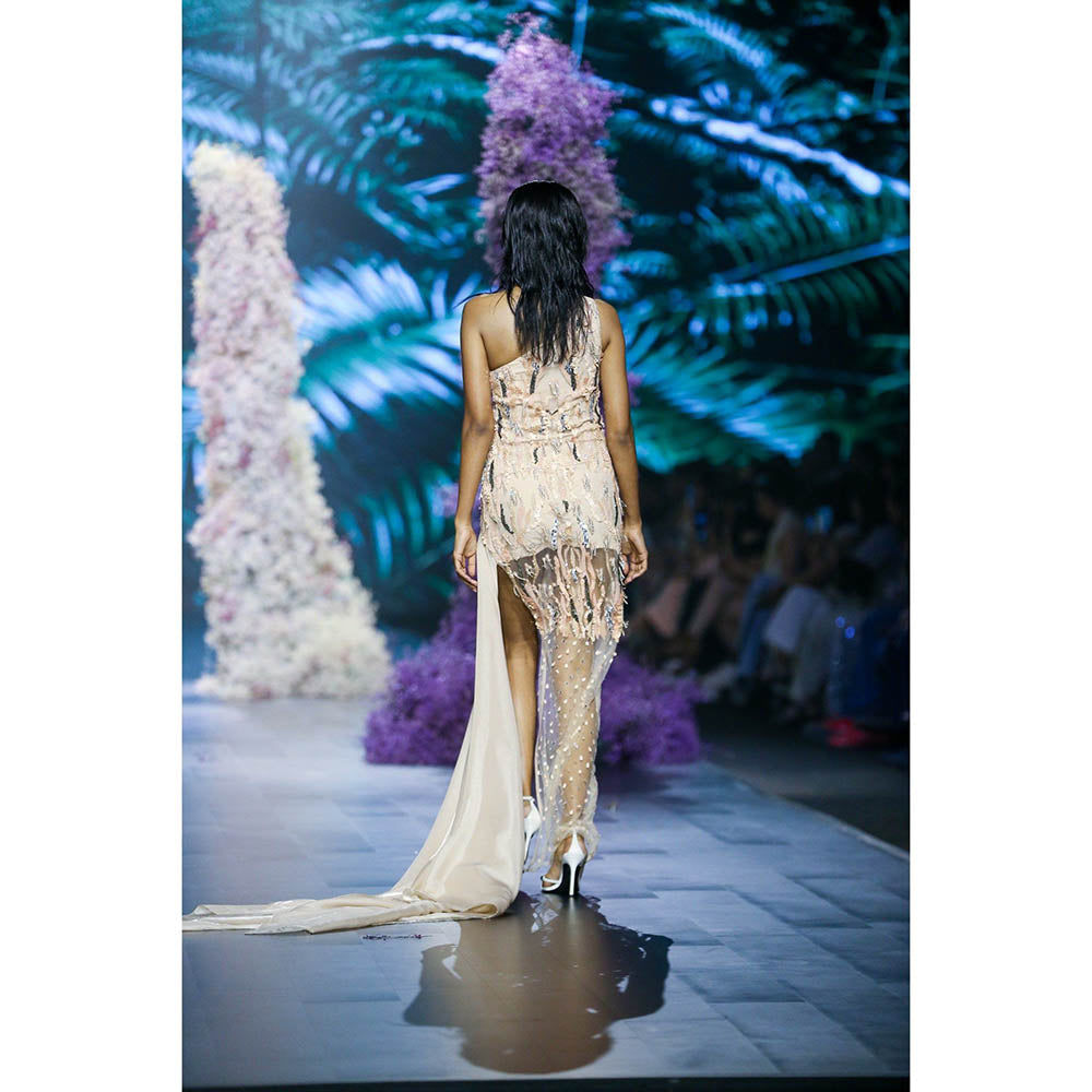 Nirmooha Beige Fuzz One Sholder Hand Embellished Asymmetrical Tail Gown