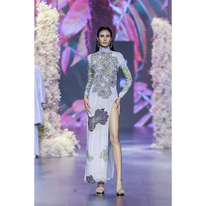 Nirmooha Grey Printed Mock High Neck Body Fitted Stright Gown