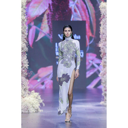 Nirmooha Grey Printed Mock High Neck Body Fitted Stright Gown