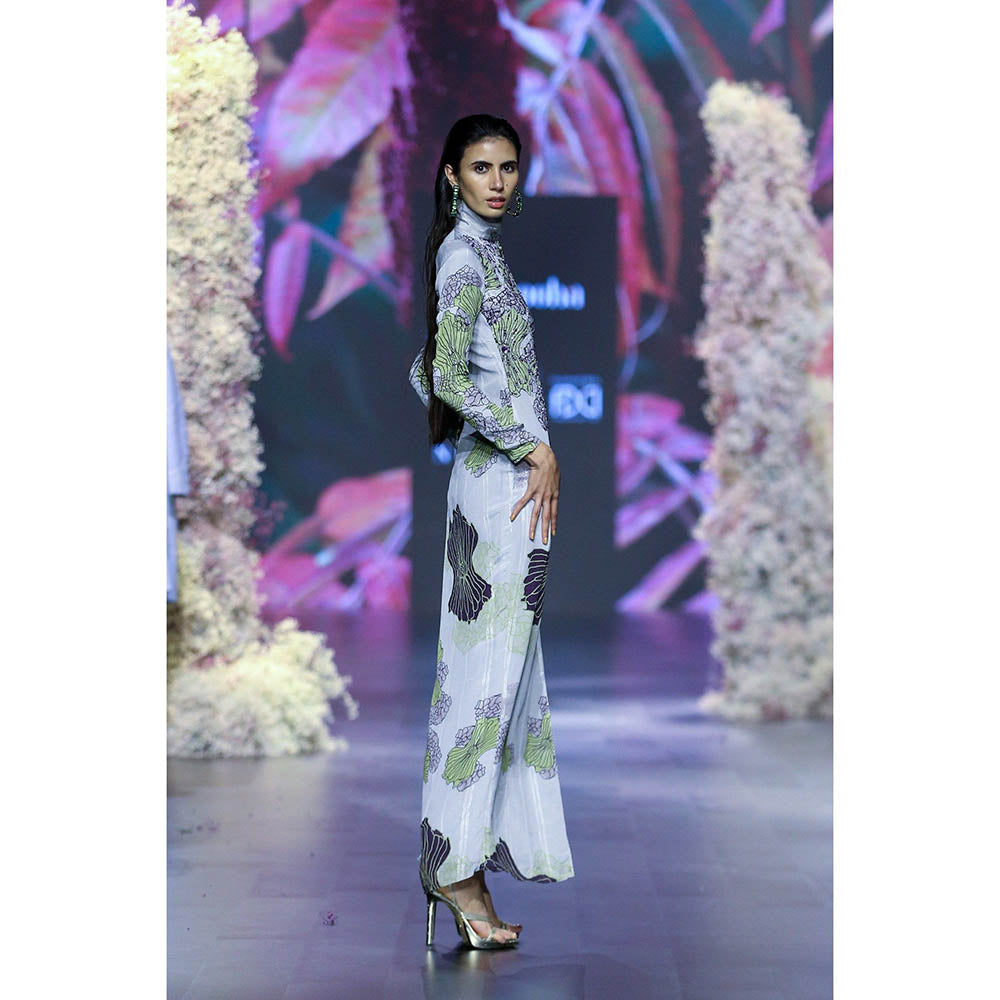 Nirmooha Grey Printed Mock High Neck Body Fitted Stright Gown