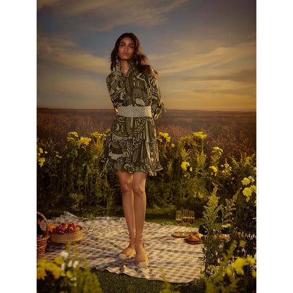 Nirmooha Green Polished Precision Mini Dress with Belt (Set of 2)