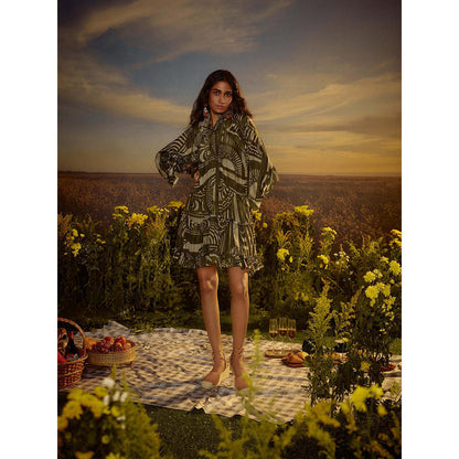 Nirmooha Green Polished Precision Mini Dress with Belt (Set of 2)