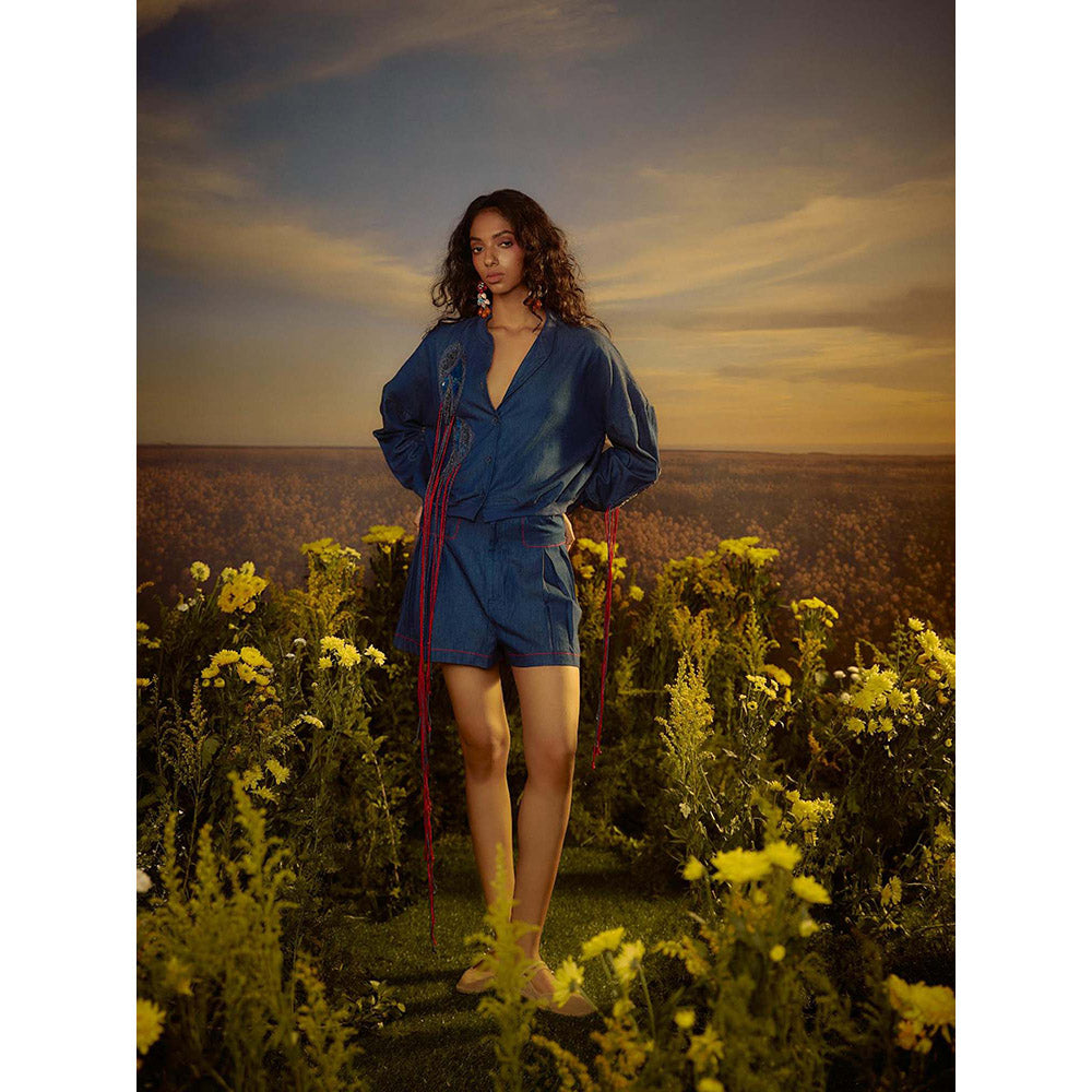 Nirmooha Blue Embroidered Essence Duo Shirt with Shorts (Set of 2)