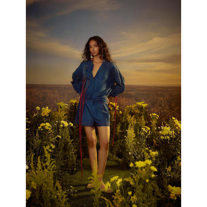 Nirmooha Blue Embroidered Essence Duo Shirt with Shorts (Set of 2)