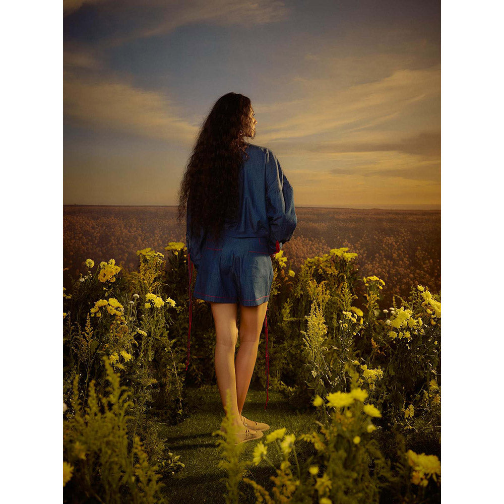 Nirmooha Blue Embroidered Essence Duo Shirt with Shorts (Set of 2)