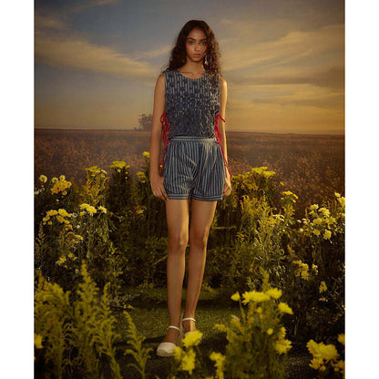 Nirmooha Blue Crimson Corded Beauty Top with Shorts (Set of 2)