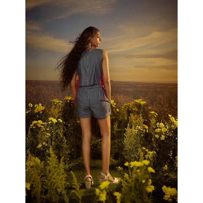 Nirmooha Blue Crimson Corded Beauty Top with Shorts (Set of 2)