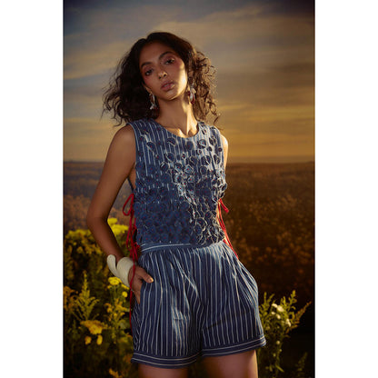 Nirmooha Blue Crimson Corded Beauty Top with Shorts (Set of 2)