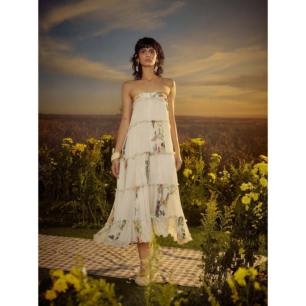 Nirmooha White Three-Tiered Chiffon Midi Dress