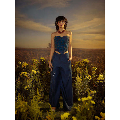 Nirmooha Blue Floral Embroidery Denim Ensemble Co-Ord (Set of 2)