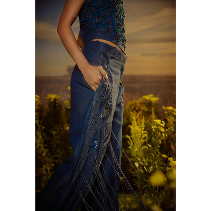 Nirmooha Blue Floral Embroidery Denim Ensemble Co-Ord (Set of 2)