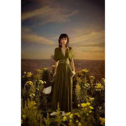 Nirmooha Green Whispering Willow Dress with Belt (Set of 2)