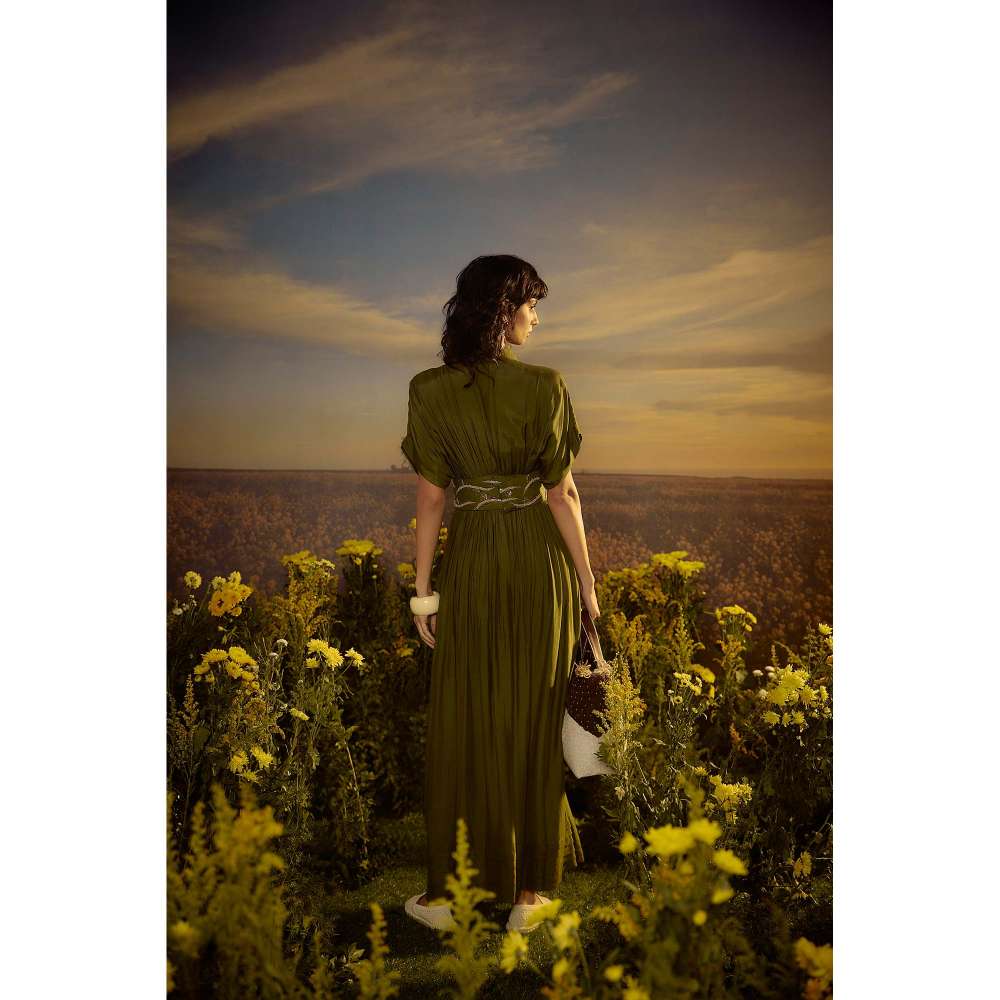 Nirmooha Green Whispering Willow Dress with Belt (Set of 2)