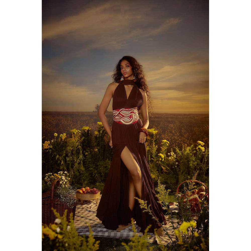 Nirmooha Brown Moonlit Majesty Dress with Belt (Set of 2)