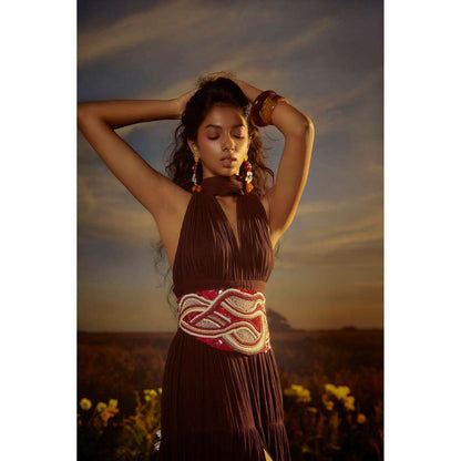 Nirmooha Brown Moonlit Majesty Dress with Belt (Set of 2)