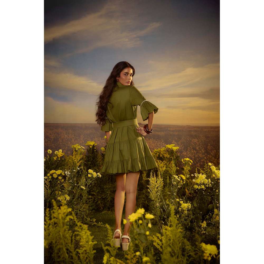 Nirmooha Green Cafe Comfort Dress with Belt (Set of 2)