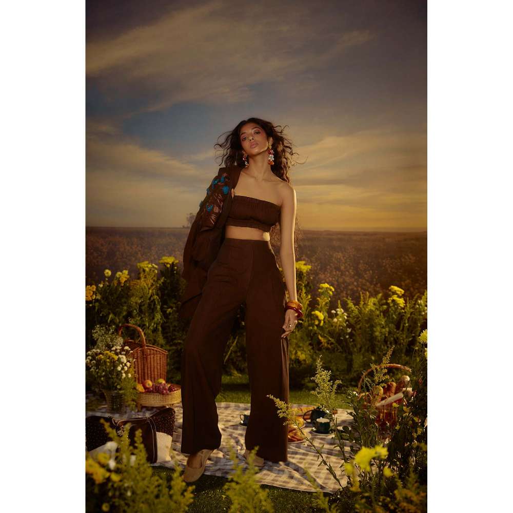 Nirmooha Brown Pleated Bustier with Pant (Set of 2)