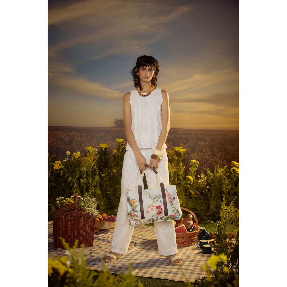 Nirmooha White Crochet Pant with Top (Set of 2)