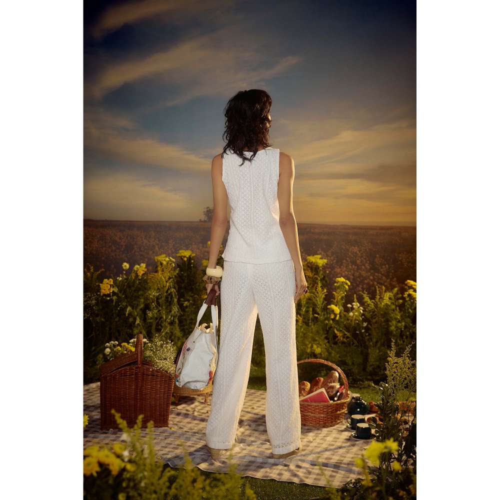 Nirmooha White Crochet Pant with Top (Set of 2)