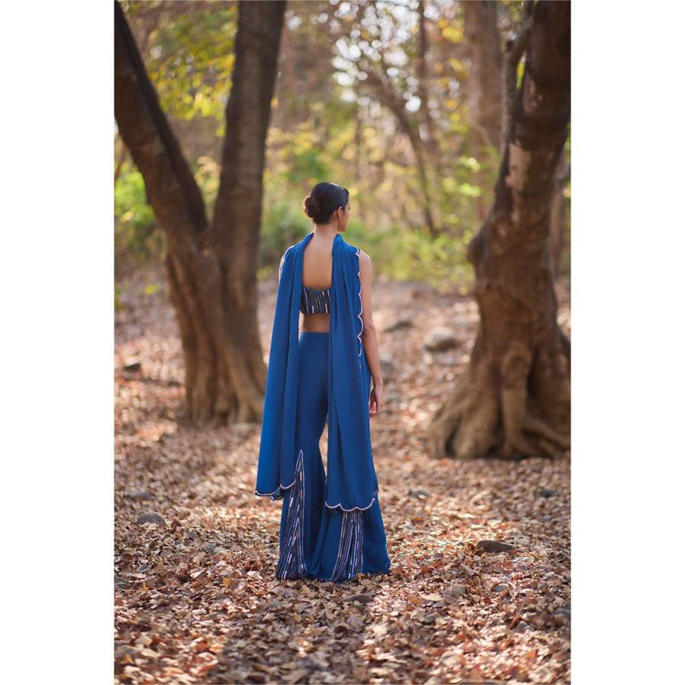 Nirmooha Bluewook Embellished Blouse with Sharara and Dupatta (Set of 3)