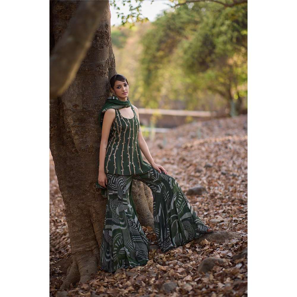 Nirmooha Green Vanguard Embroidered Kurti with Sharara and Dupatta (Set of 3)