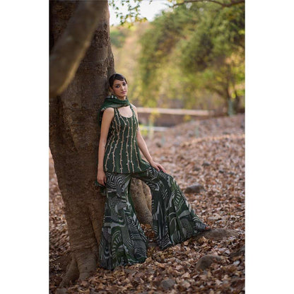 Nirmooha Green Vanguard Embroidered Kurti with Sharara and Dupatta (Set of 3)