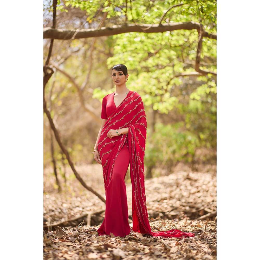 Nirmooha Red Fire Pre-Draped Saree with Stitched Blouse