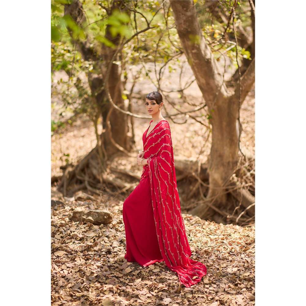 Nirmooha Red Fire Pre-Draped Saree with Stitched Blouse