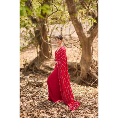 Nirmooha Red Fire Pre-Draped Saree with Stitched Blouse