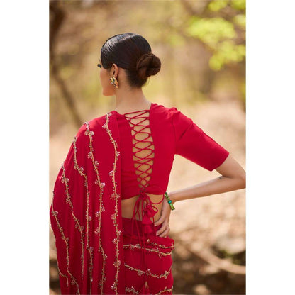 Nirmooha Red Fire Pre-Draped Saree with Stitched Blouse