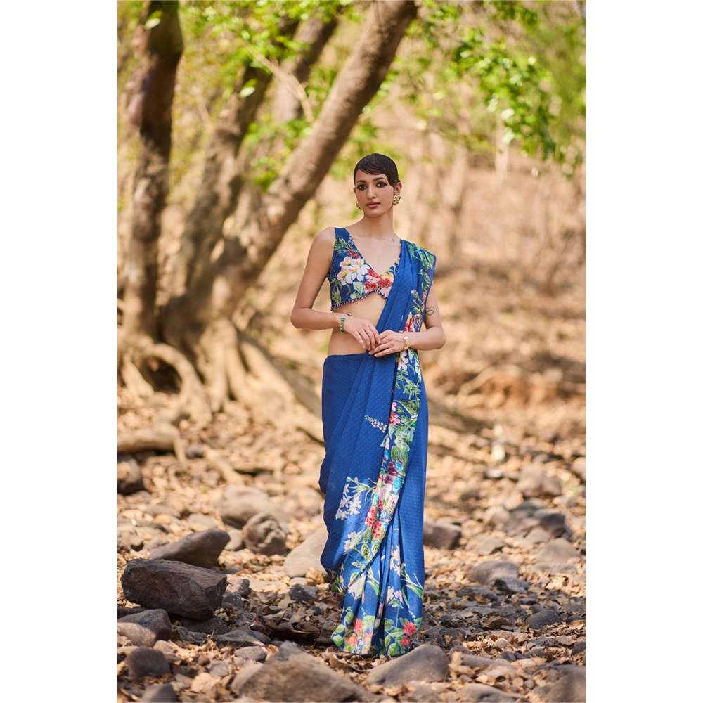 Nirmooha Blue Linear Luxe Floral Saree with Stitched Blouse and Petticoat