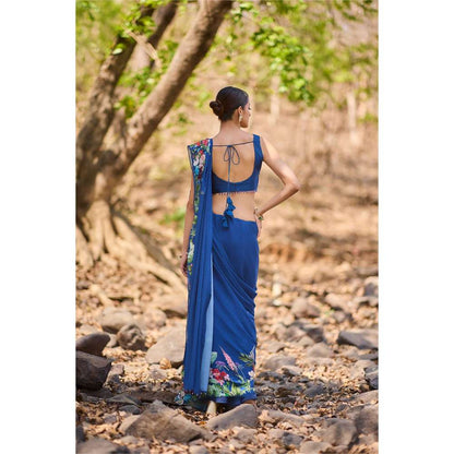 Nirmooha Blue Linear Luxe Floral Saree with Stitched Blouse and Petticoat